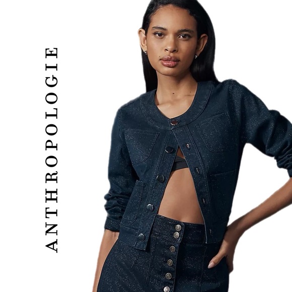 Anthropologie Maeve Cora Patch Pocket Jacket Sparkle Denim Edition - Picture 4 of 12